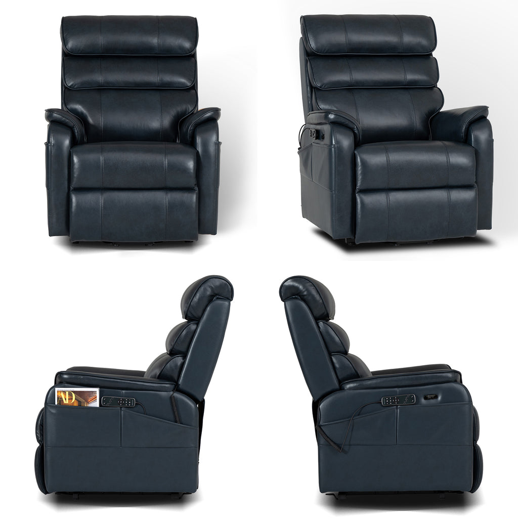 Irene House 9188 Pro Medium triple-motor power lift recliner in dark blue top-grain leather, four-angle view