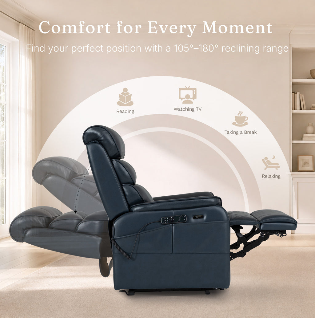 Irene House 9188 Pro Medium triple-motor power lift recliner in dark blue top-grain leather, upgraded features: adjustable headrest, raised side pocket, USB-A and USB-C charging, extendable footrest