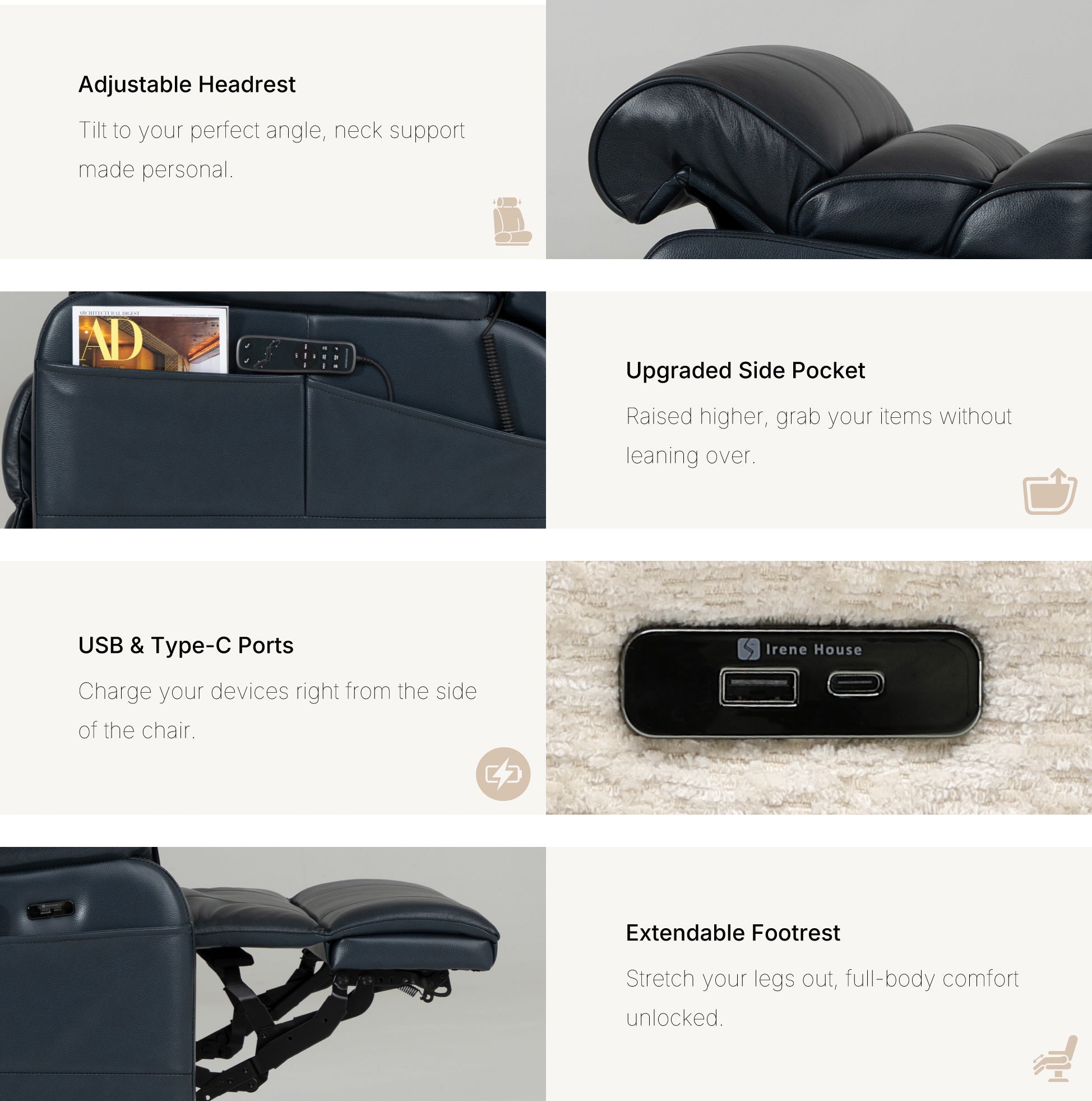Irene House 9188 Pro Medium triple-motor power lift recliner in dark blue top-grain leather, upgraded features detail