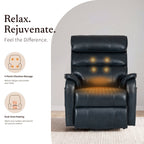 Irene House 9188 Pro Medium triple-motor power lift recliner in dark blue top-grain leather, lumbar heat and full-body vibration massage