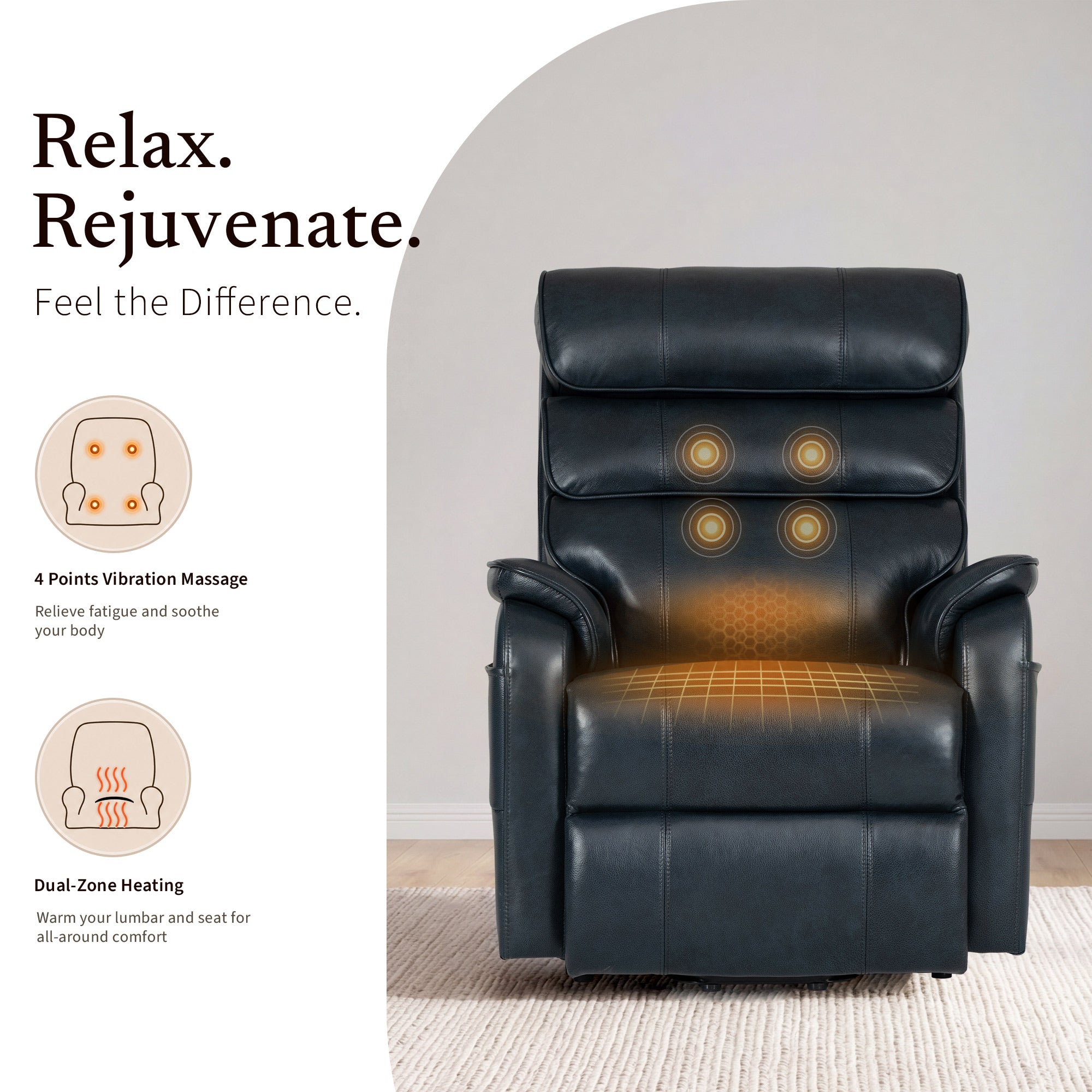 Irene House 9188 Pro Medium triple-motor power lift recliner in dark blue top-grain leather, lumbar heat and full-body vibration massage