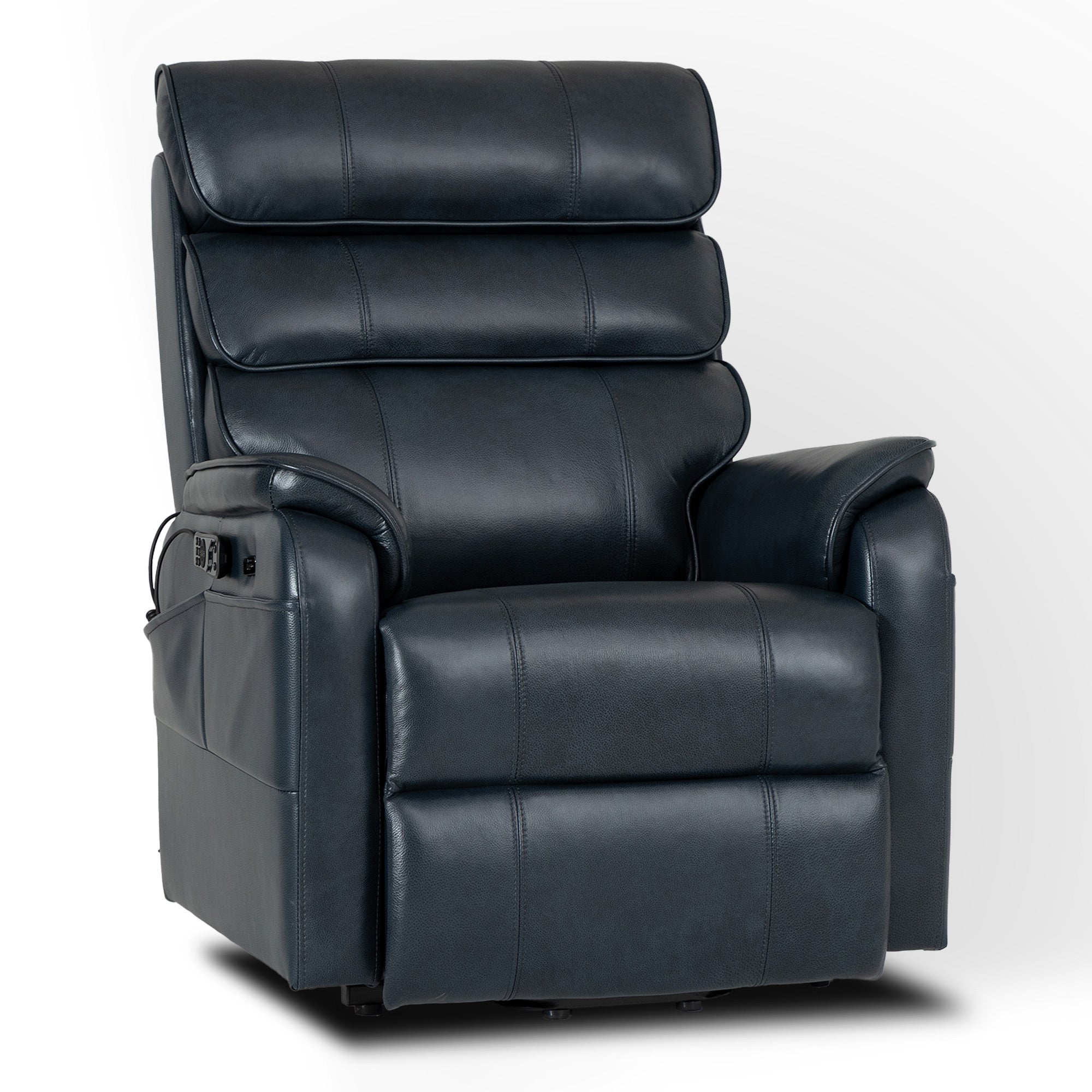 Irene House 9188 Pro Medium triple-motor power lift recliner in dark blue top-grain leather, 45-degree front view