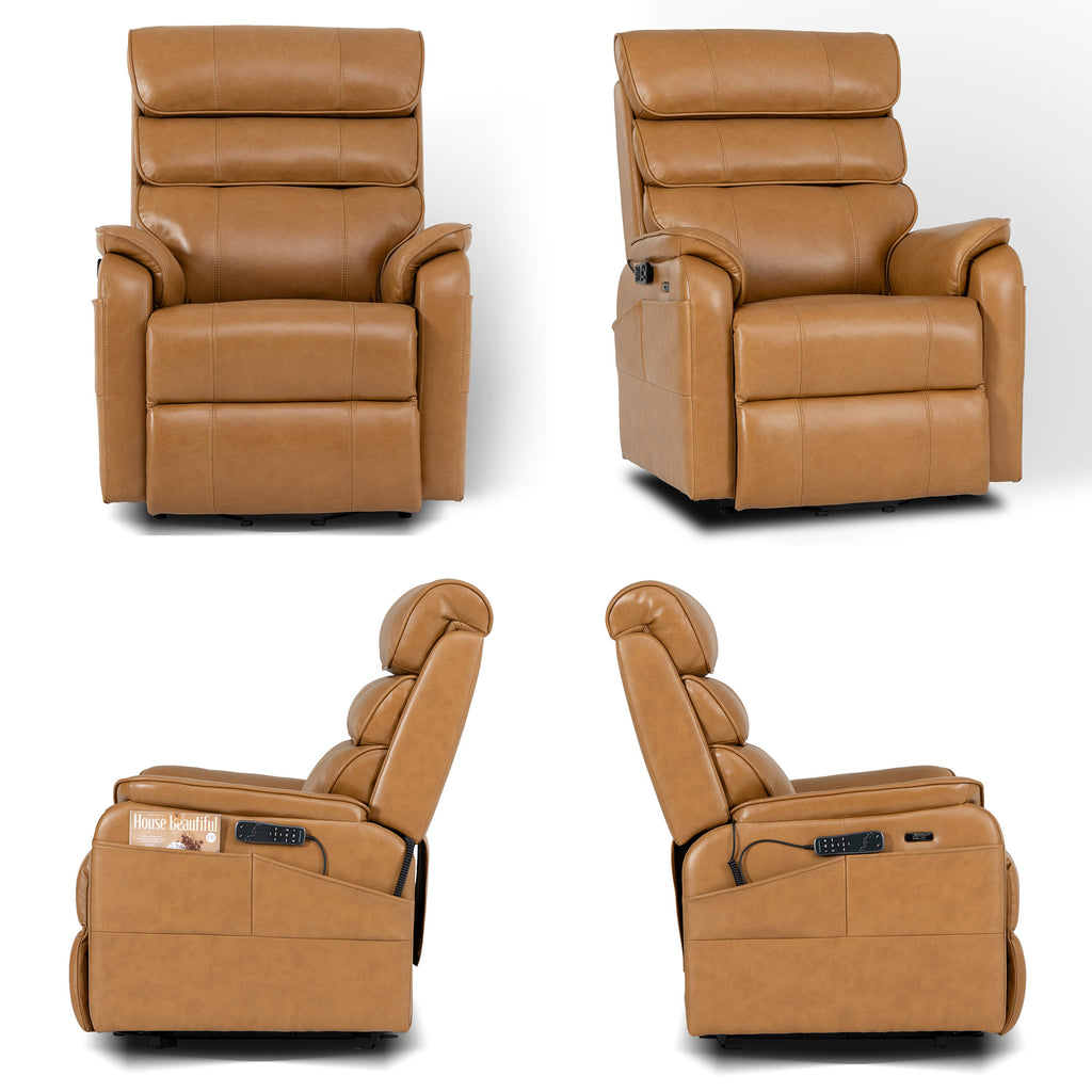 Irene House 9188 Pro Medium triple-motor power lift recliner in yellow-brown top-grain leather, four-angle view