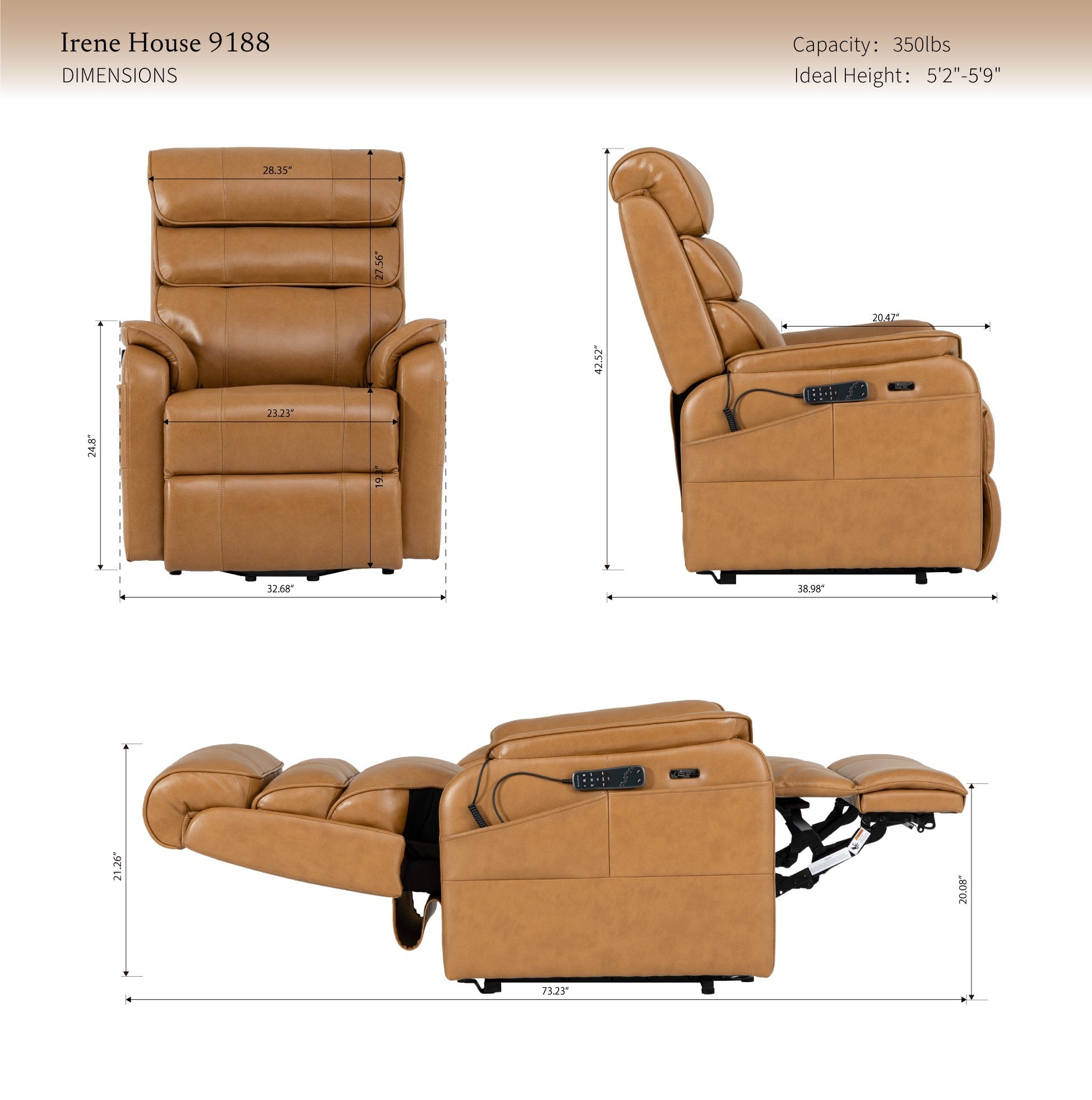 Irene House 9188 Pro Medium triple-motor power lift recliner in yellow-brown top-grain leather, dimensions, 350 lb capacity, fits 5 foot 2 to 5 foot 9 users