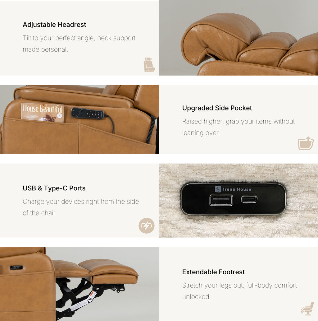 Irene House 9188 Pro Medium triple-motor power lift recliner in yellow-brown top-grain leather, upgraded features: adjustable headrest, raised side pocket, USB-A and USB-C charging, extendable footrest