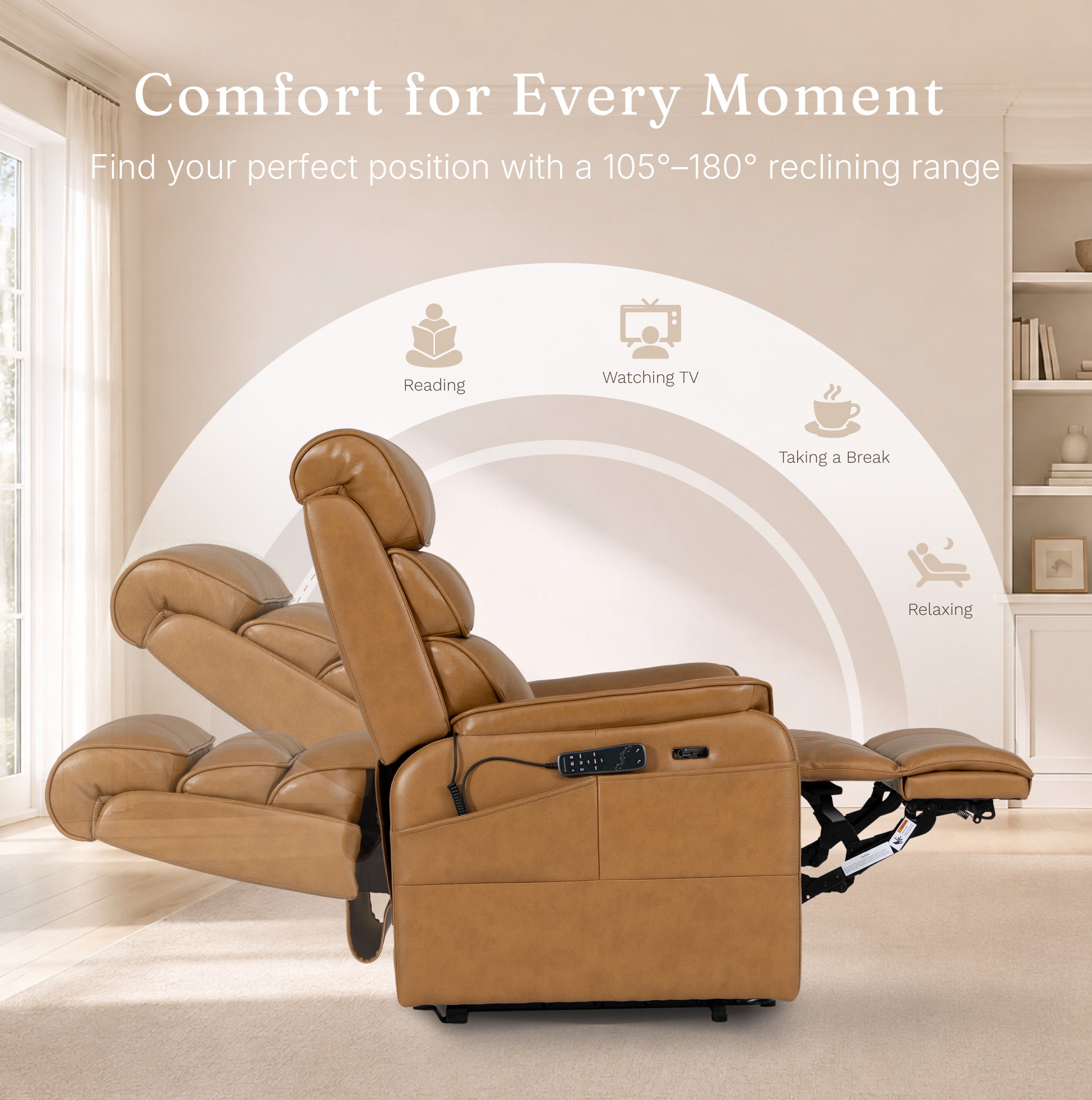 Irene House 9188 Pro Medium triple-motor power lift recliner in yellow-brown top-grain leather, upgraded features detail