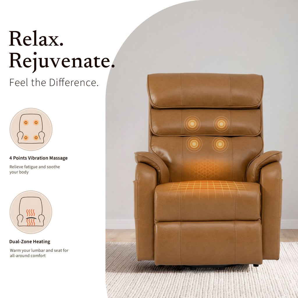 Irene House 9188 Pro Medium triple-motor power lift recliner in yellow-brown top-grain leather, lumbar heat and full-body vibration massage