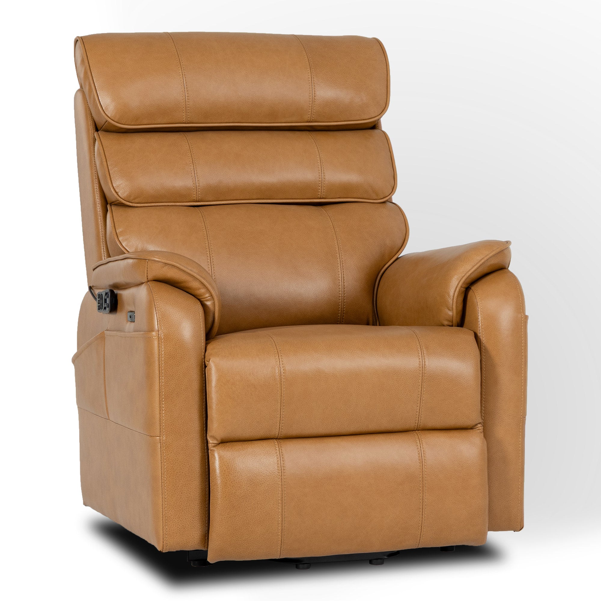Irene House 9188 Pro Medium triple-motor power lift recliner in yellow-brown top-grain leather, 45-degree front view