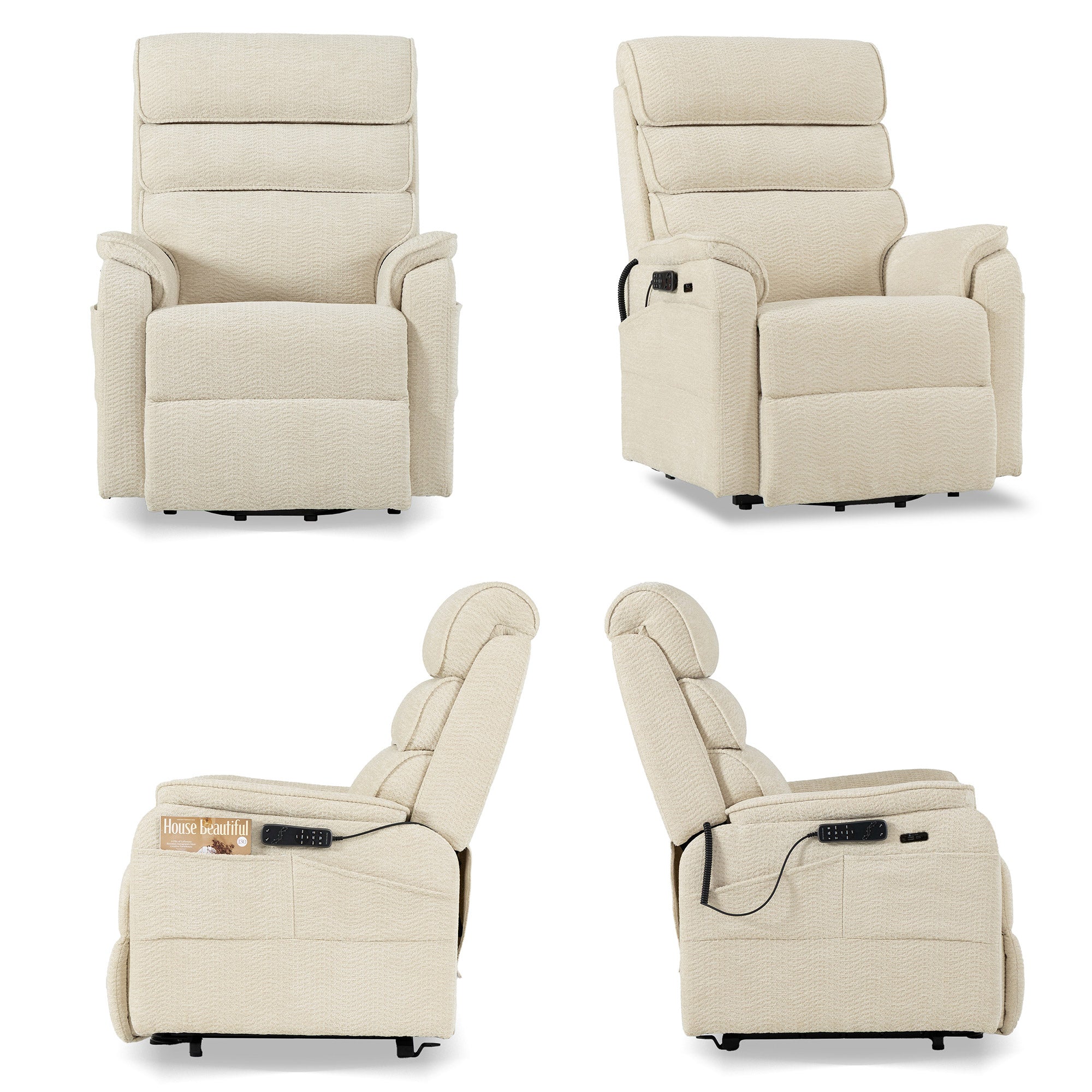 Irene House 9188 Pro Medium triple-motor power lift recliner in cream white chenille, four-angle view