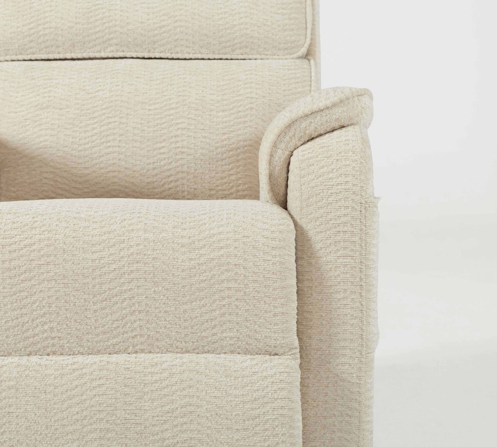 Irene House 9188 Pro Medium triple-motor power lift recliner in cream white chenille, upholstery detail