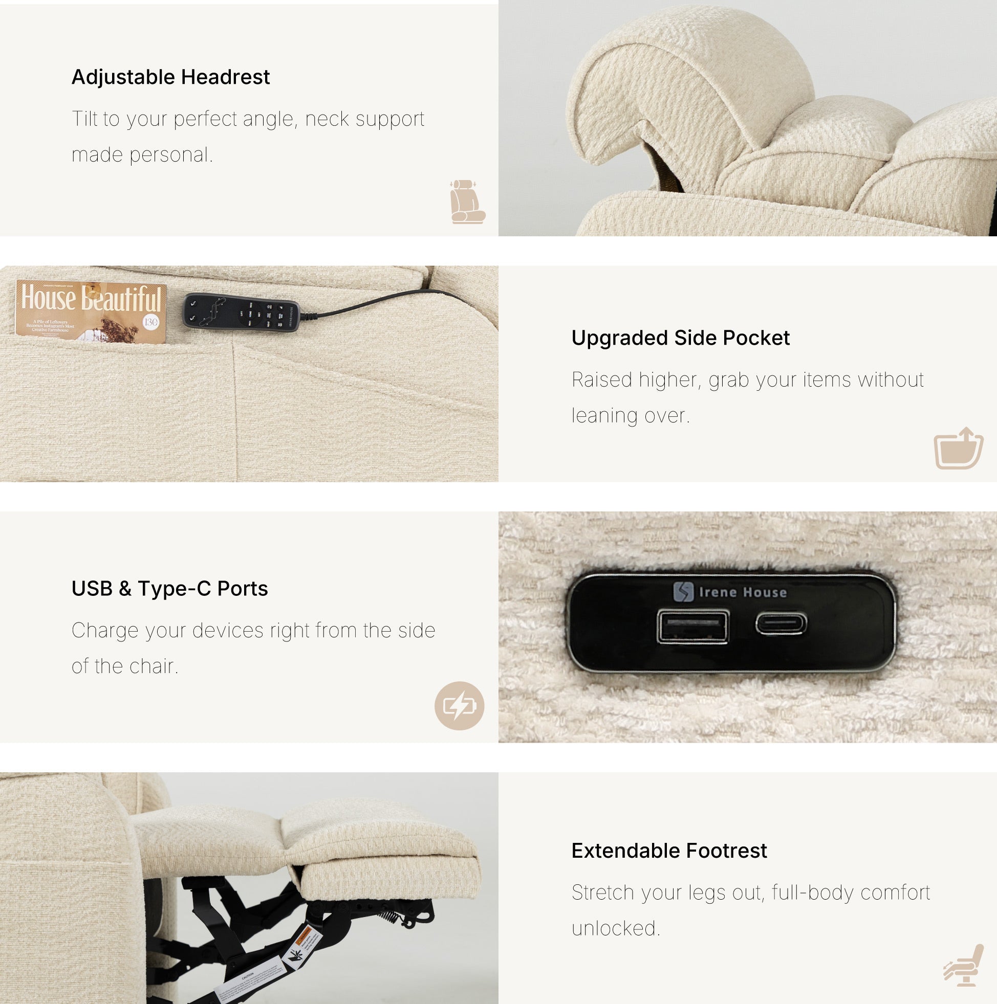 Irene House 9188 Pro Medium triple-motor power lift recliner in cream white chenille, upgraded features: adjustable headrest, raised side pocket, USB-A and USB-C charging, extendable footrest