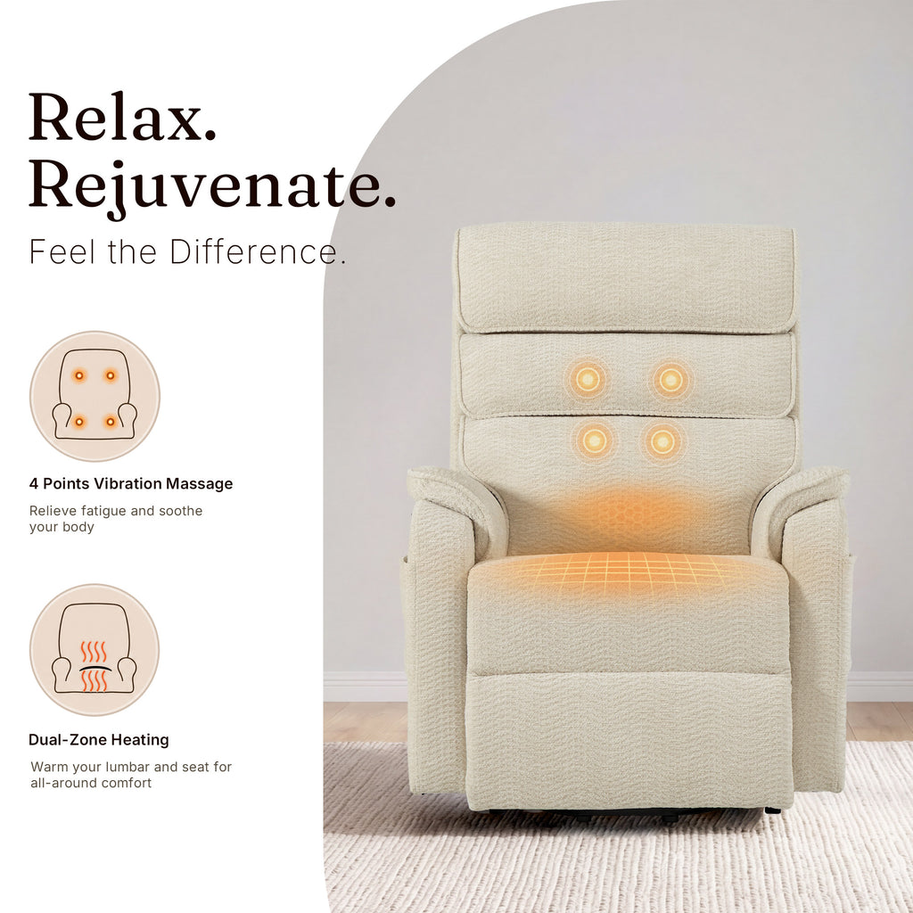 Irene House 9188 Pro Medium triple-motor power lift recliner in cream white chenille, lumbar heat and full-body vibration massage