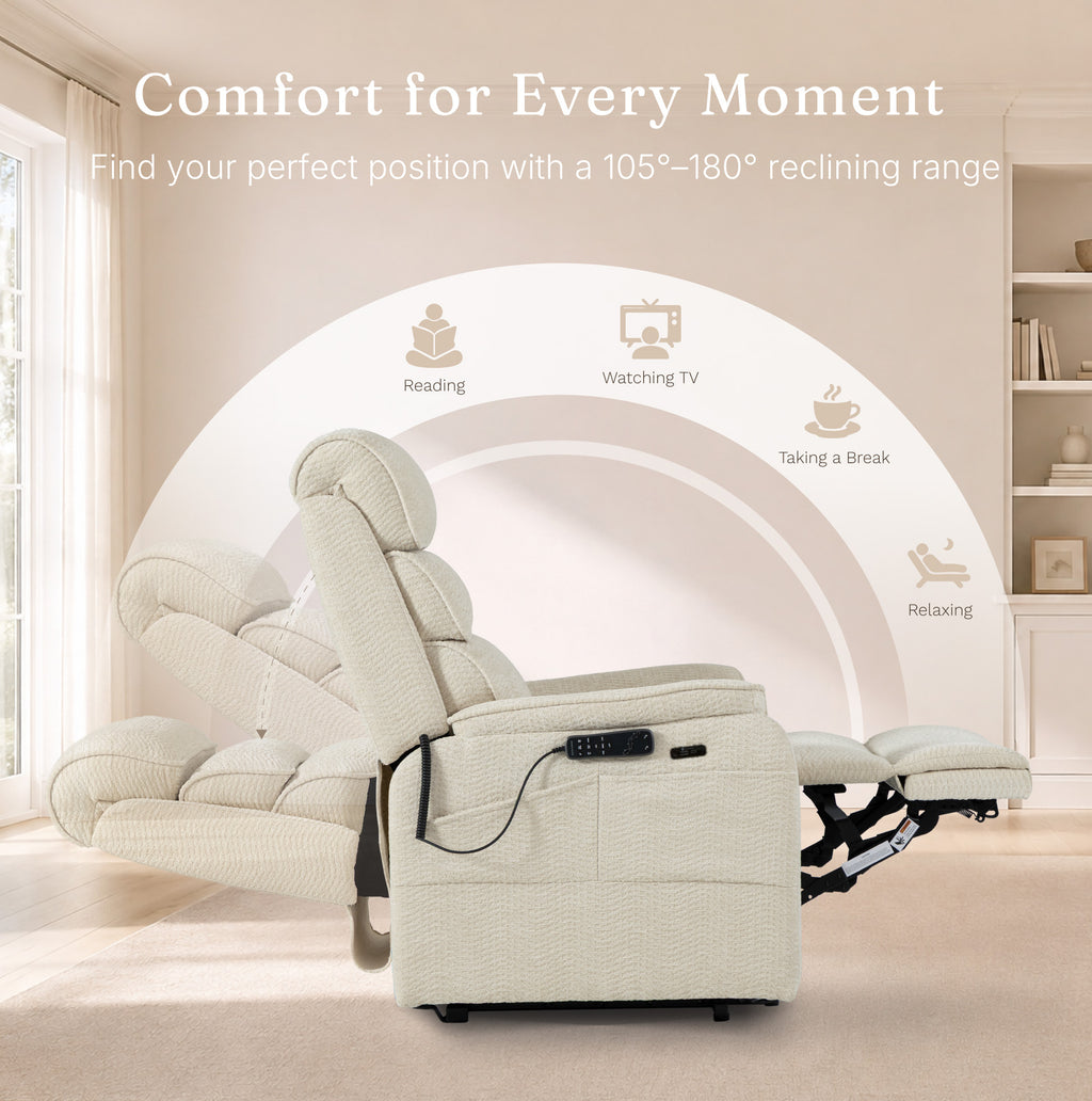Irene House 9188 Pro Medium triple-motor power lift recliner in cream white chenille, reclined fully flat for sleeping