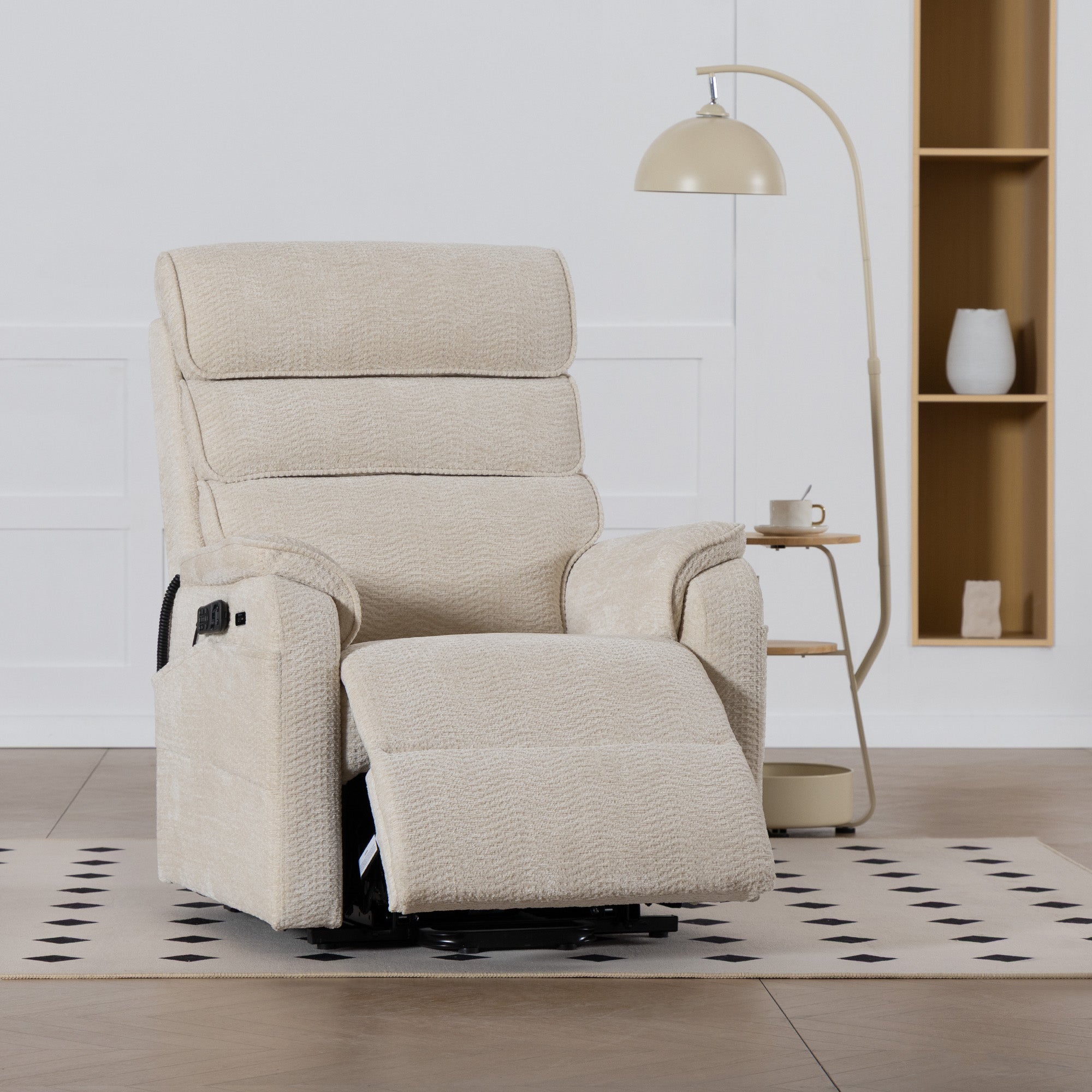 Irene House 9188 Pro Medium triple-motor power lift recliner in cream white chenille, in a living room