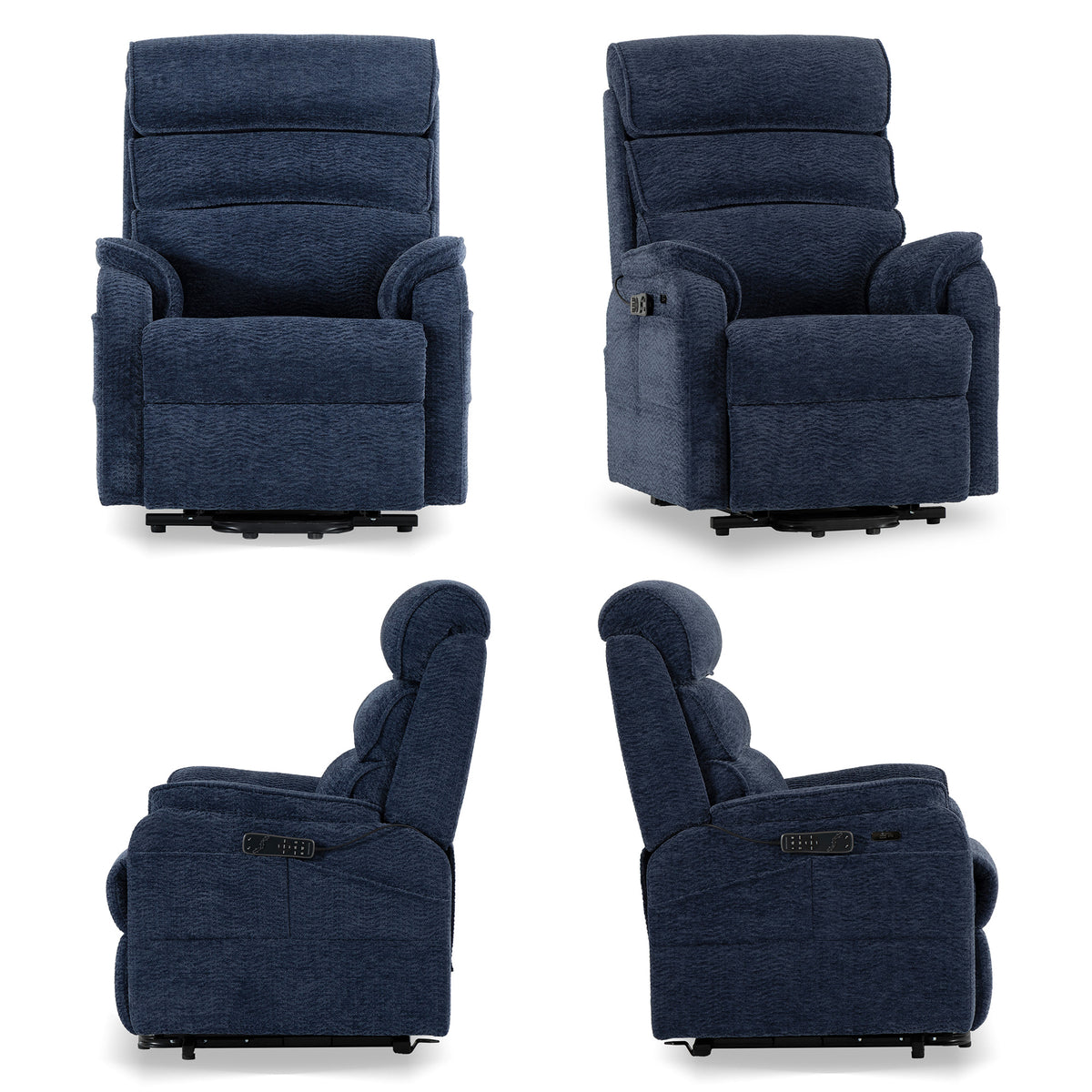Irene House 9188 Pro Medium triple-motor power lift recliner in blue chenille, four-angle view