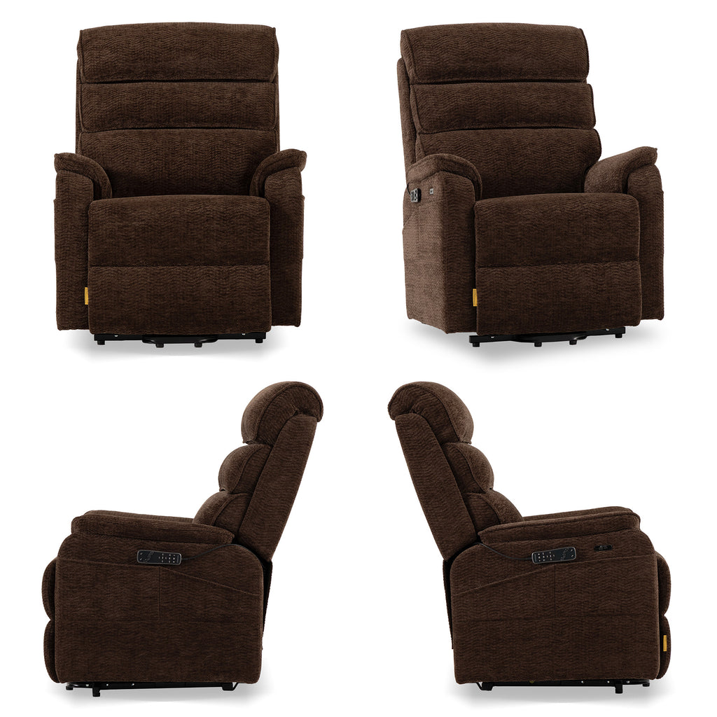 Irene House 9188 Pro Medium triple-motor power lift recliner in dark brown chenille, four-angle view