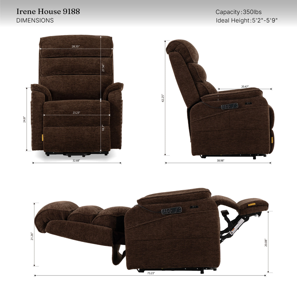 Irene House 9188 Pro Medium triple-motor power lift recliner in dark brown chenille, dimensions, 350 lb capacity, fits 5 foot 2 to 5 foot 9 users