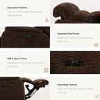 Irene House 9188 Pro Medium triple-motor power lift recliner in dark brown chenille, upgraded features: adjustable headrest, raised side pocket, USB-A and USB-C charging, extendable footrest