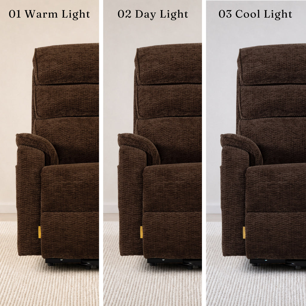 Irene House 9188 Pro Medium triple-motor power lift recliner in dark brown chenille, shown under warm, daylight and cool lighting