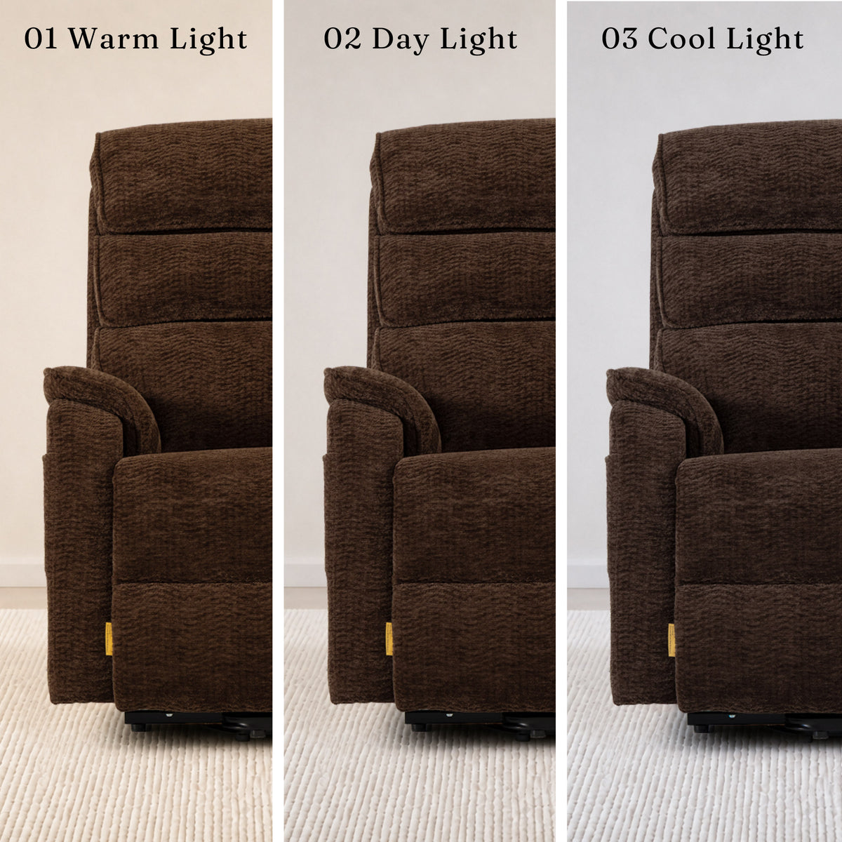 Irene House 9188 Pro Medium triple-motor power lift recliner in dark brown chenille, shown under warm, daylight and cool lighting