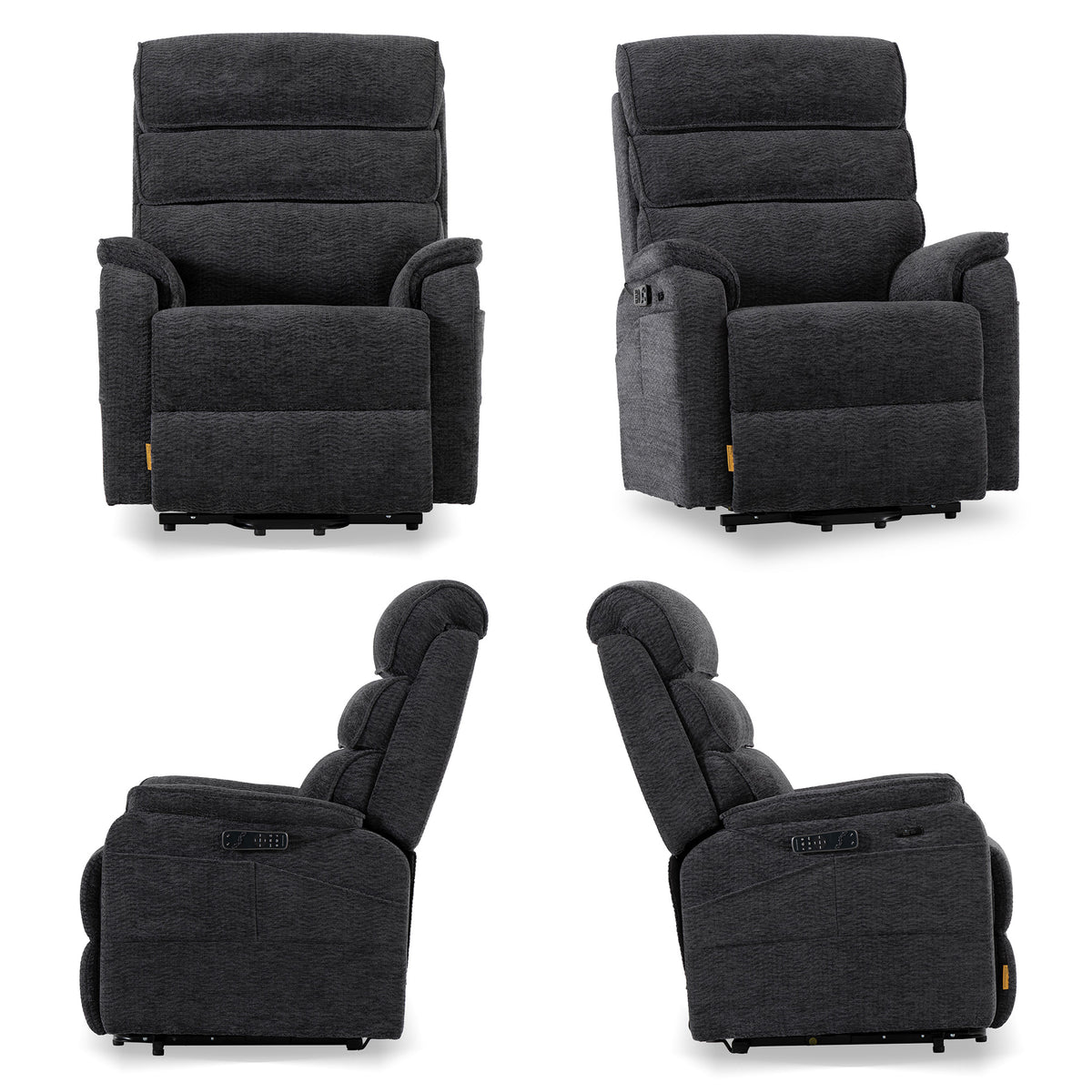 Irene House 9188 Pro Medium triple-motor power lift recliner in dark gray chenille, four-angle view