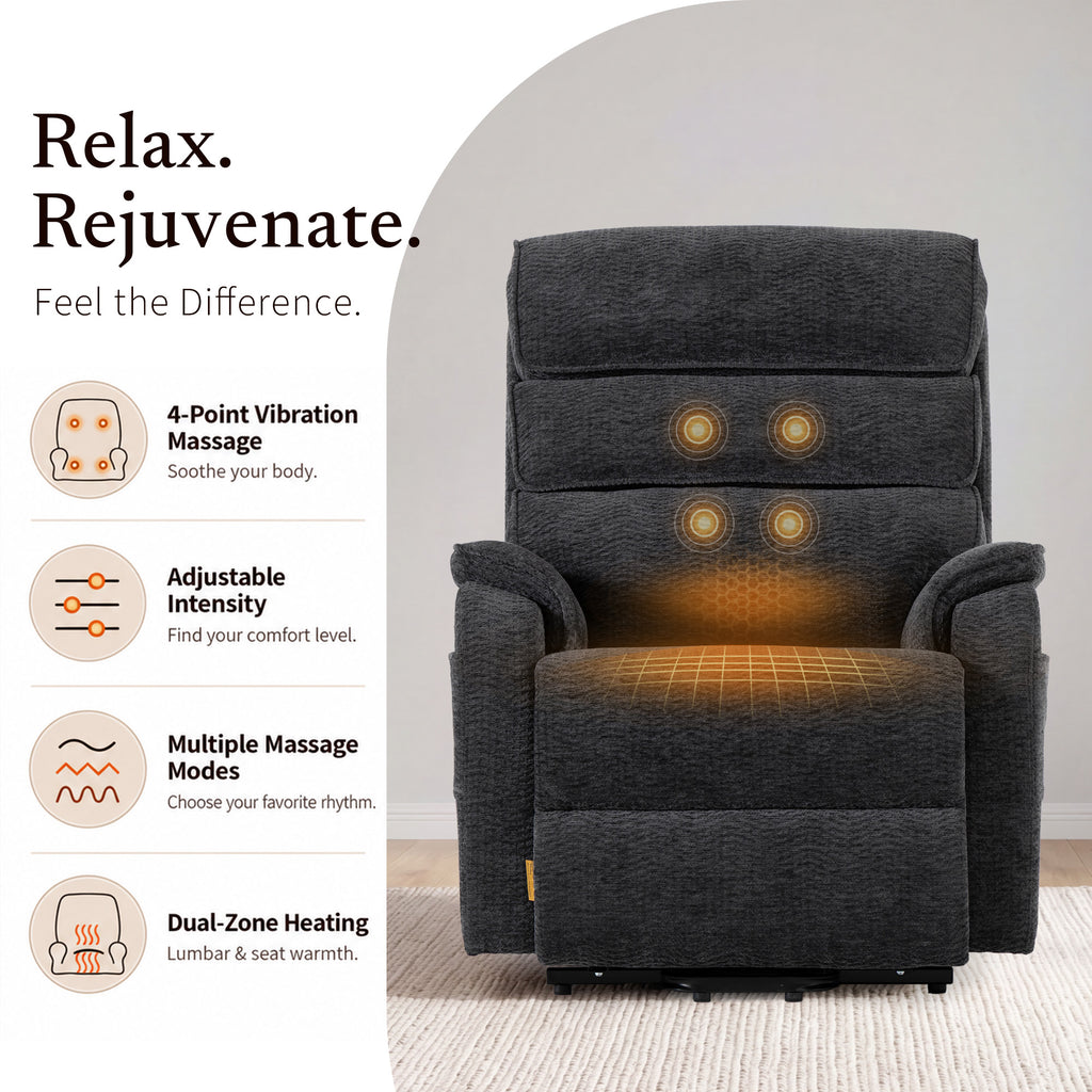 Irene House 9188 Pro Medium triple-motor power lift recliner in dark gray chenille, four-point vibration massage and dual-zone lumbar and seat heating
