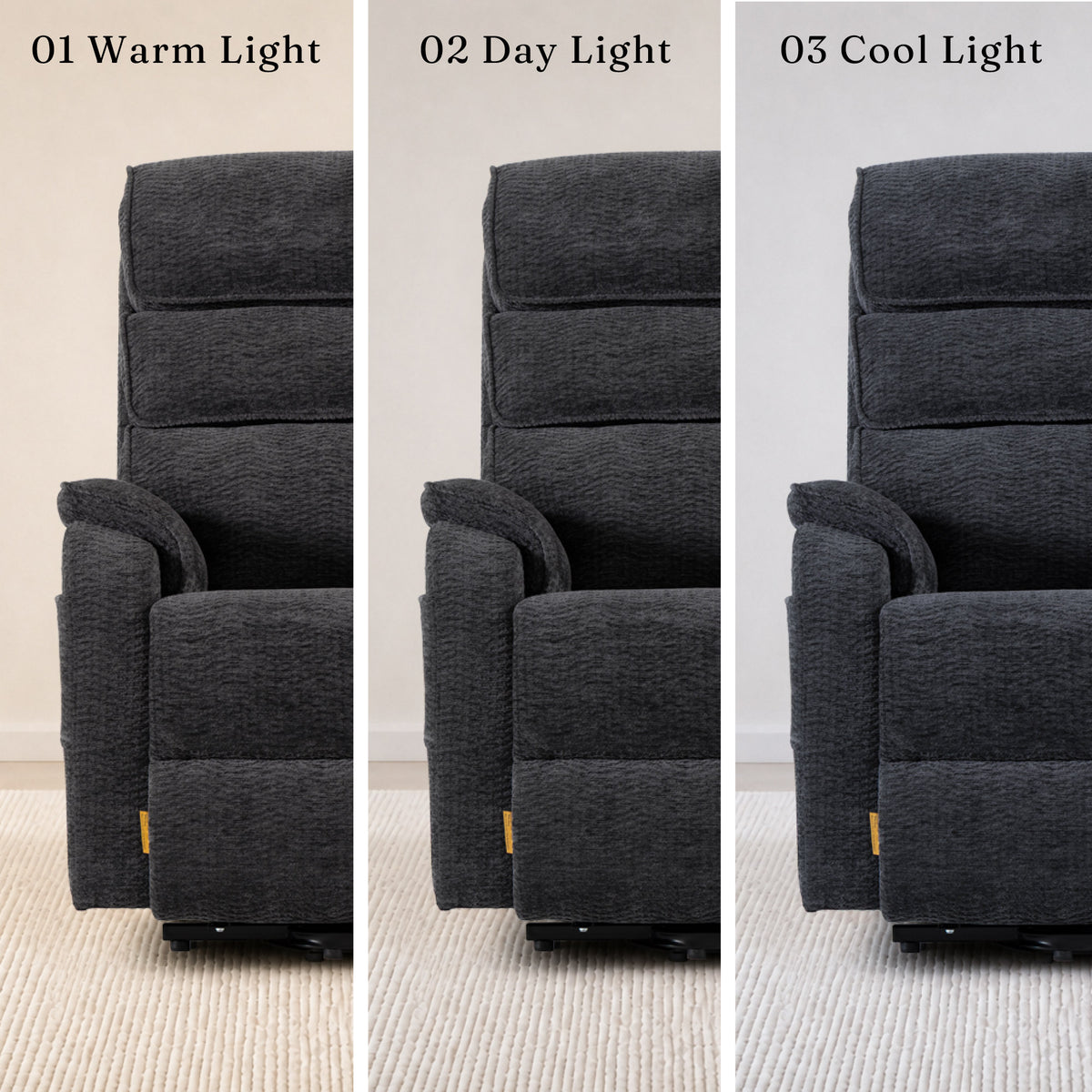 Irene House 9188 Pro Medium triple-motor power lift recliner in dark gray chenille, shown under warm, daylight and cool lighting
