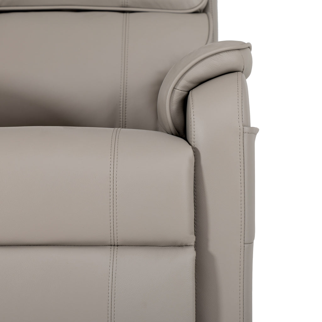 Irene House 9188 Pro Medium triple-motor power lift recliner in light gray top-grain leather, upholstery detail
