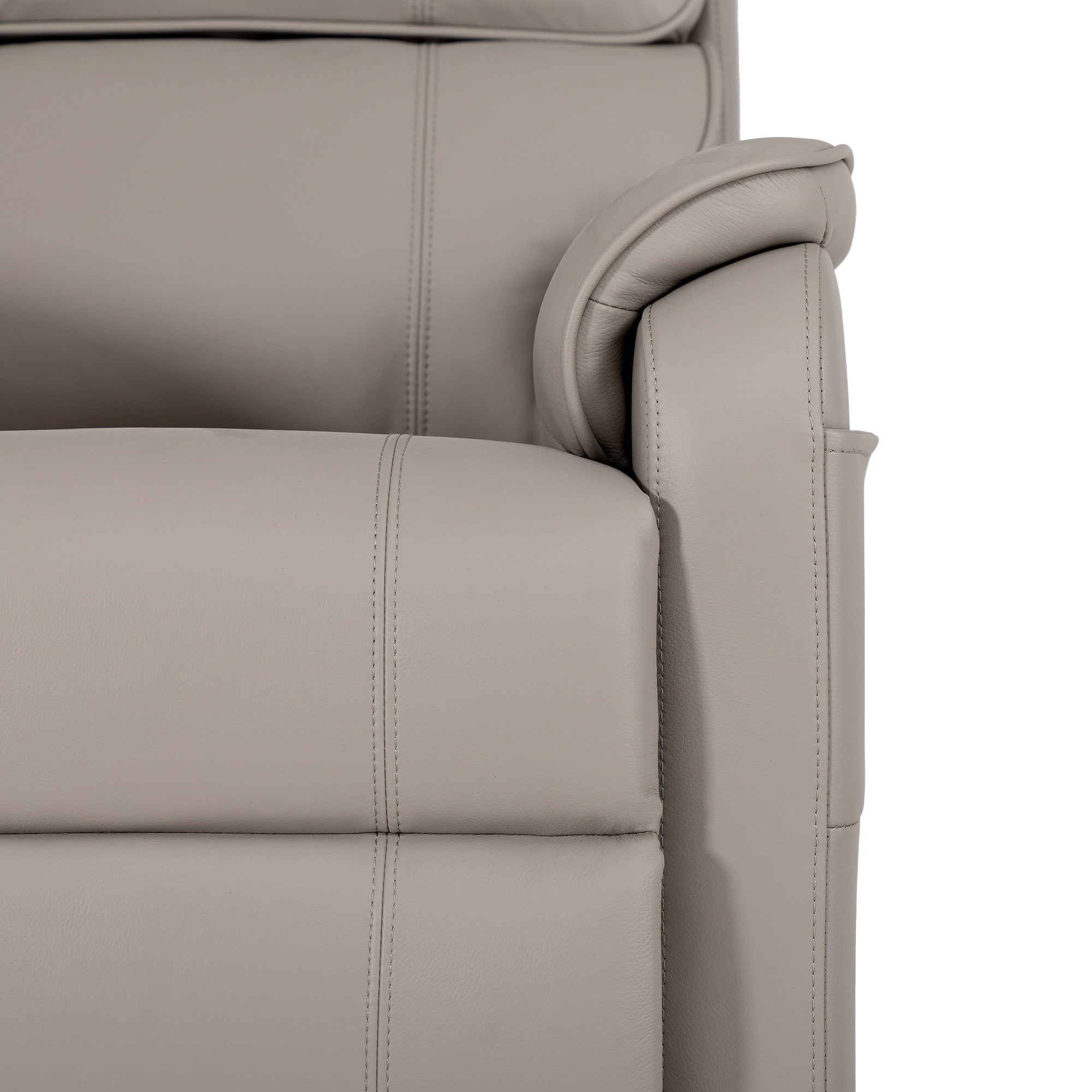 Irene House 9188 Pro Medium triple-motor power lift recliner in light gray top-grain leather, upholstery detail