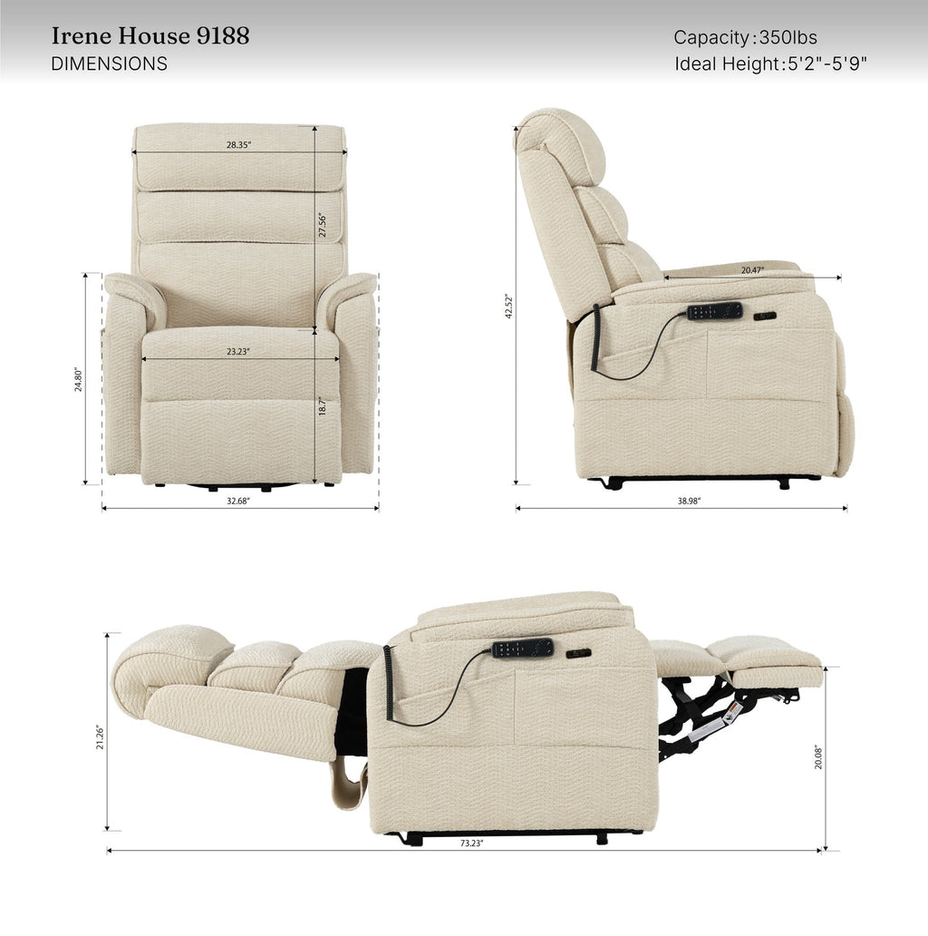 Irene House 9188 Pro Medium triple-motor power lift recliner in light gray top-grain leather, dimensions, 350 lb capacity, fits 5 foot 2 to 5 foot 9 users