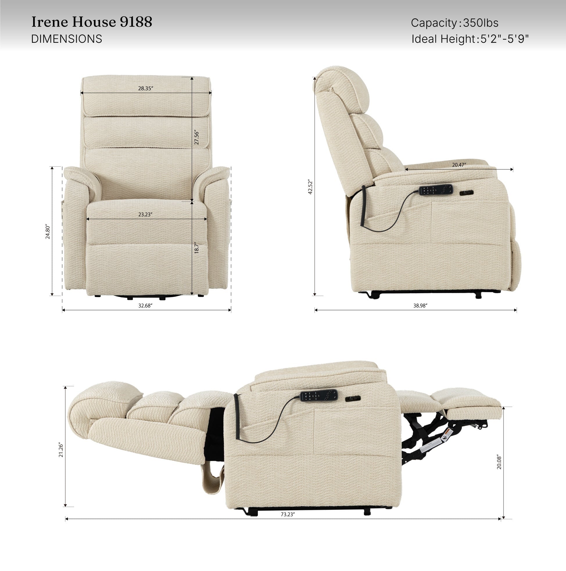 Irene House 9188 Pro Medium triple-motor power lift recliner in light gray top-grain leather, dimensions, 350 lb capacity, fits 5 foot 2 to 5 foot 9 users