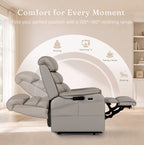 Irene House 9188 Pro Medium triple-motor power lift recliner in light gray top-grain leather, upgraded features: adjustable headrest, raised side pocket, USB-A and USB-C charging, extendable footrest