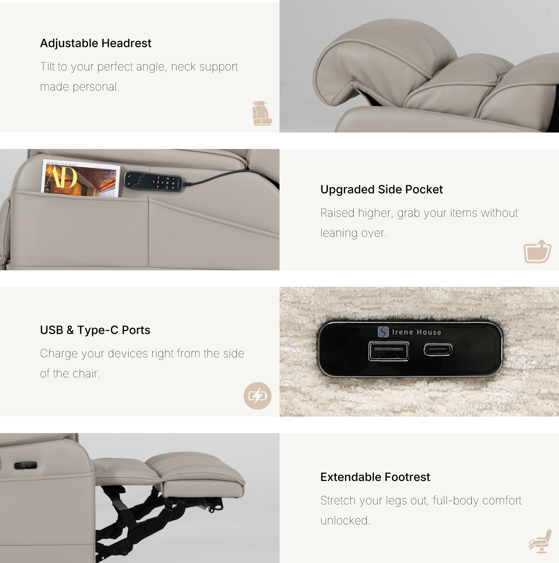 Irene House 9188 Pro Medium triple-motor power lift recliner in light gray top-grain leather, upgraded features detail