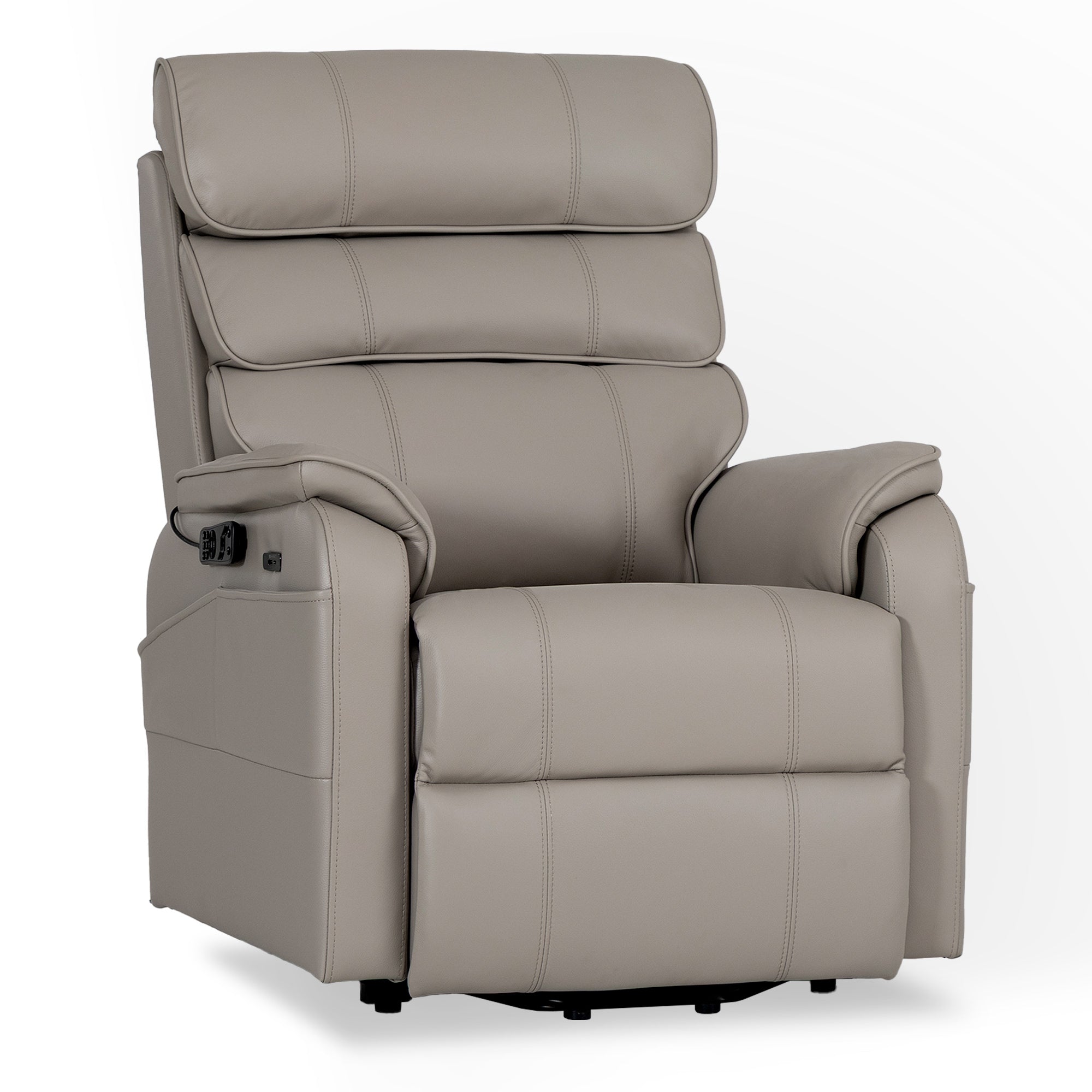 Irene House 9188 Pro Medium triple-motor power lift recliner in light gray top-grain leather, 45-degree front view