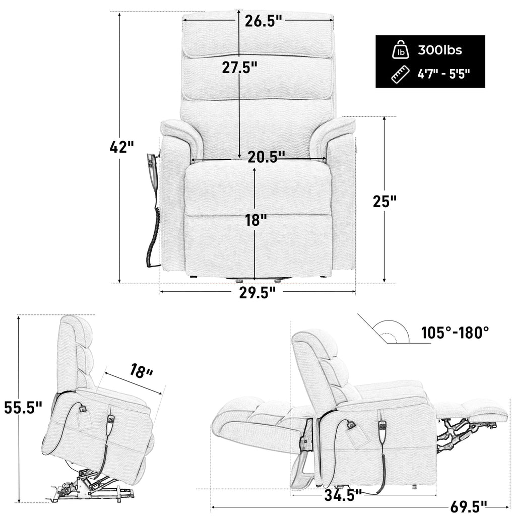 Irene House 9188S small power lift recliner dimensions chart: 300 lb weight capacity, sized for users 4 foot 7 to 5 foot 5, with seat, overall and lay-flat measurements