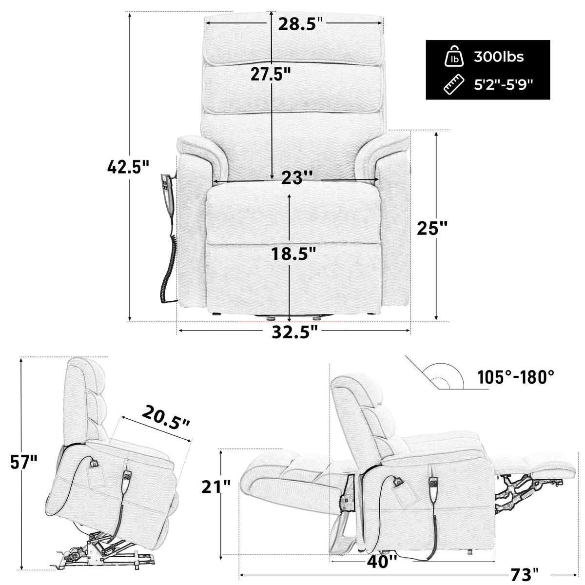 Irene House 9188 dimensions: 23 inch seat width, 20.5 inch seat depth, 18.5 inch seat height, 32.5 inch overall width, 42.5 inch back height, 73 inch reclined length, 300 lb capacity, for users 5 foot 2 to 5 foot 9, reclines 105 to 180 degrees