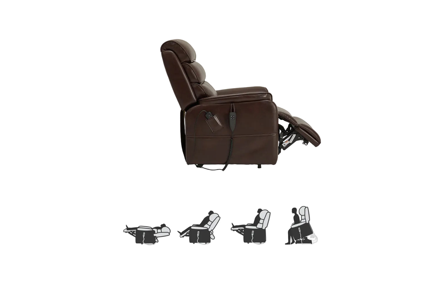 This chair is a specialized recliner designed to provide maximum comfort and mobility assistance for individuals with limited mobility. It can be adjusted to various positions rather than just a fixed set of options. The chair operates with a remote control, which makes it easy for users to adjust the positions with minimal effort.