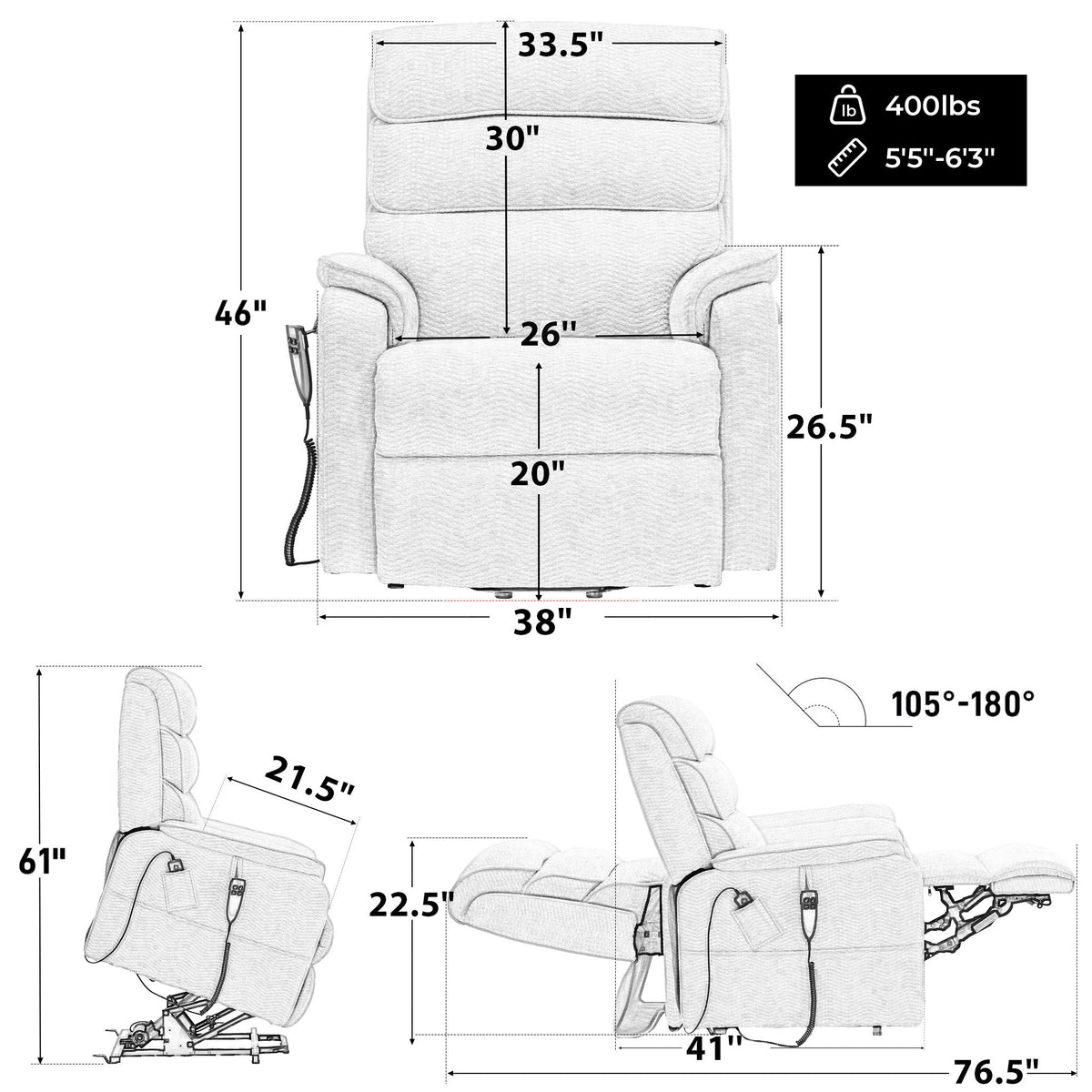 Irene House 9188E dimensions — 400 lb, 5'5"–6'3", 33.5" overall width, 26" seat width, 20" seat depth, 46" tall, 76.5" reclined