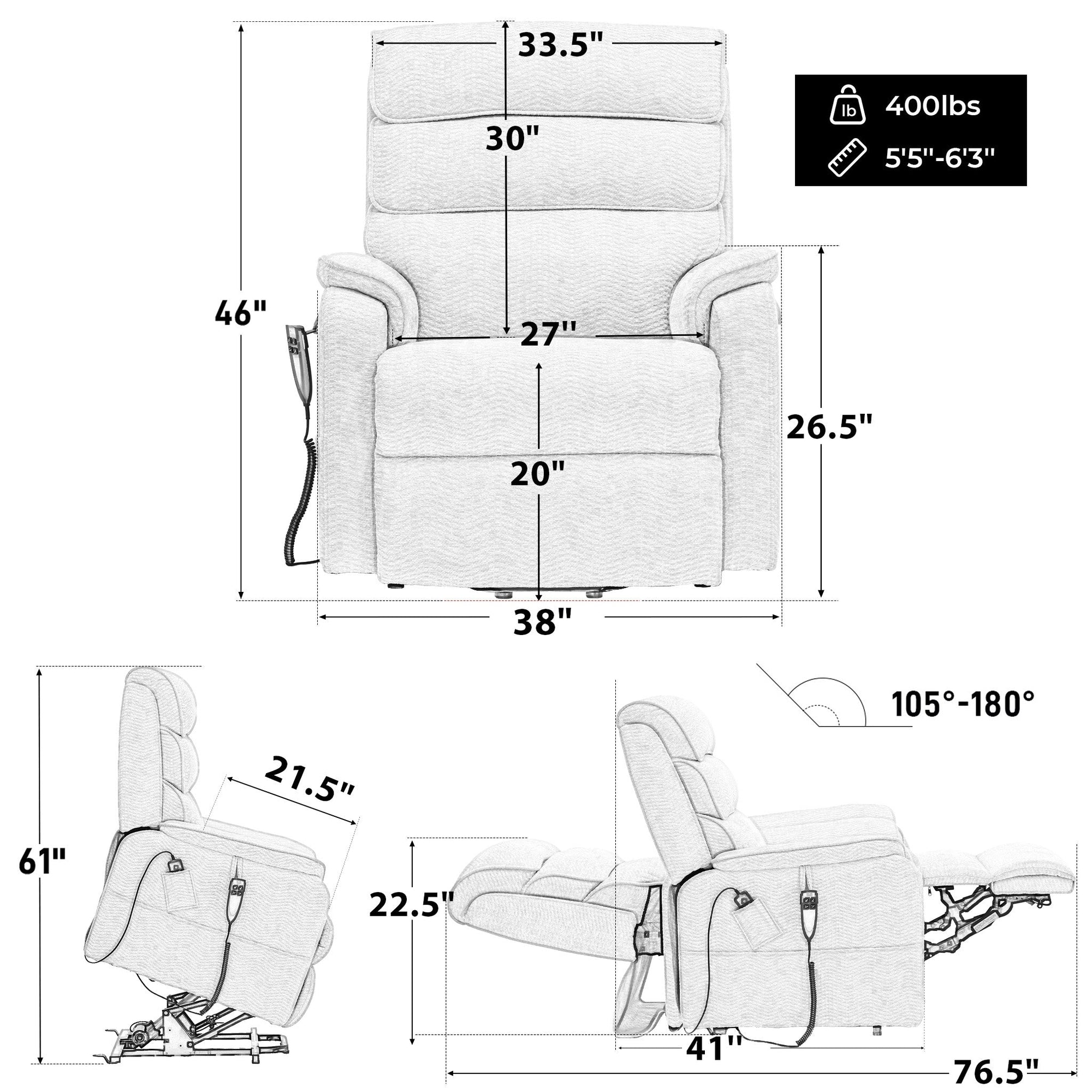 Irene House 9188E dimensions — 400 lb, 5'5"–6'3", 33.5" overall width, 27" seat width, 20" seat depth, 46" tall, 76.5" reclined