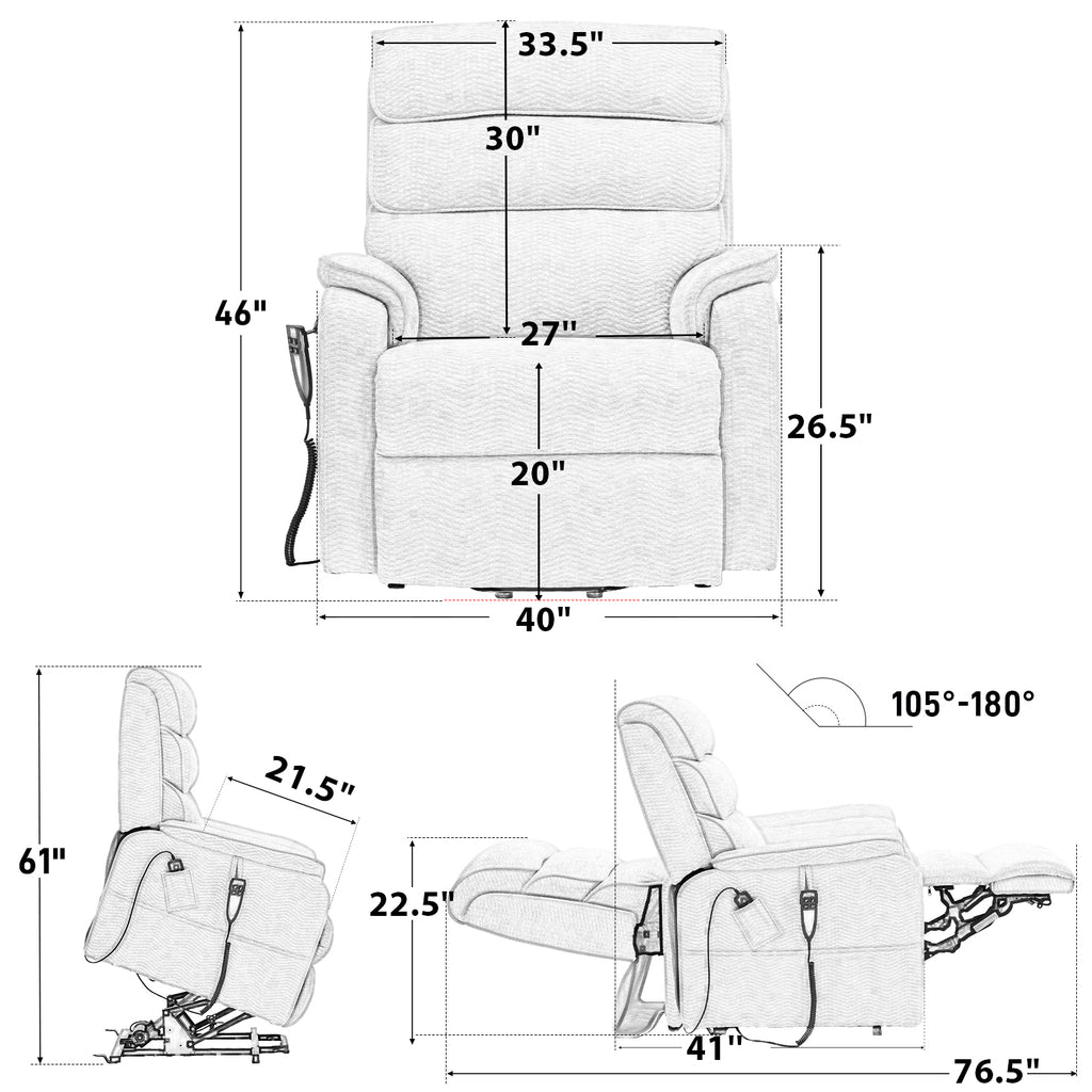 Irene House 9188E wide power lift recliner dimensions chart: 400 lb weight capacity, fits users 5 foot 5 to 6 foot 3, with seat, overall and lay-flat measurements
