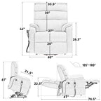 Irene House 9188E wide power lift recliner dimensions chart: 400 lb weight capacity, fits users 5 foot 5 to 6 foot 3, with seat, overall and lay-flat measurements