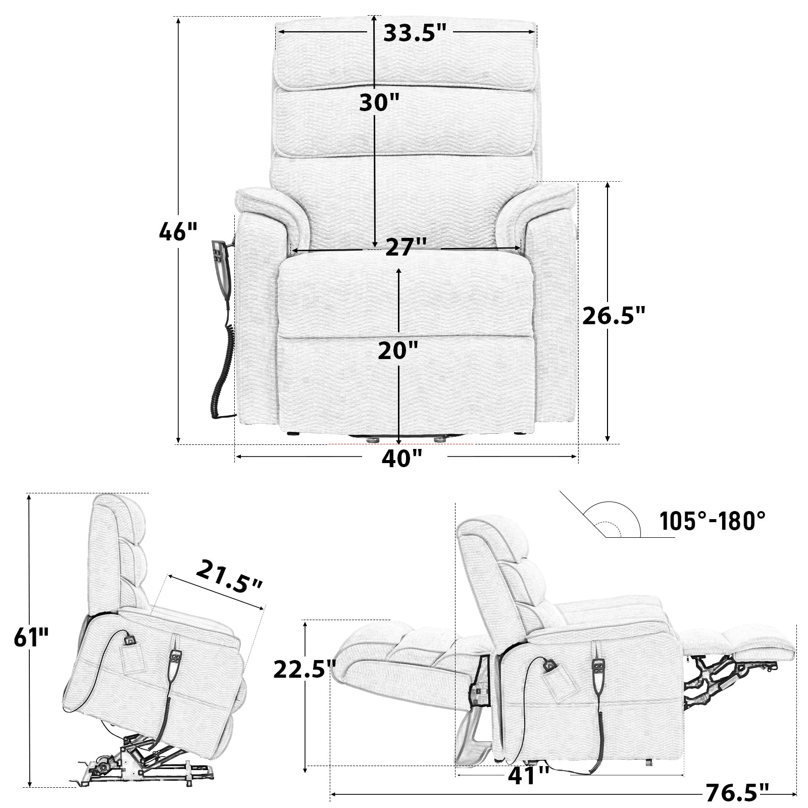 Irene House 9188E wide power lift recliner dimensions chart: 400 lb weight capacity, fits users 5 foot 5 to 6 foot 3, with seat, overall and lay-flat measurements