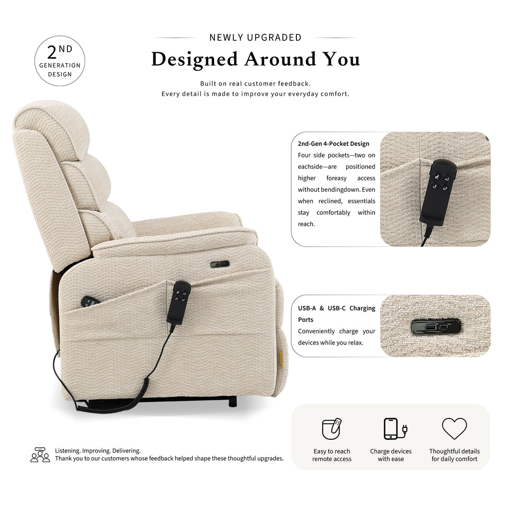 Irene House 9188E wide beige chenille power lift recliner, 2nd generation upgrade with four higher side pockets and USB-A and USB-C charging ports