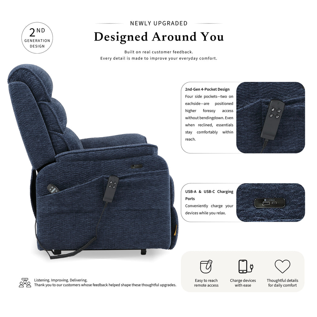 Irene House 9188E wide blue chenille power lift recliner, 2nd generation upgrade with four higher side pockets and USB-A and USB-C charging ports