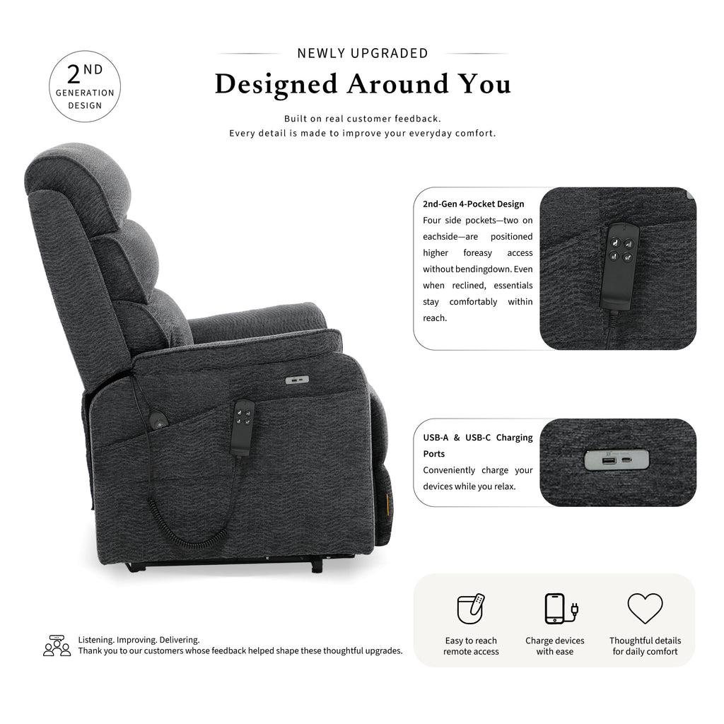 Irene House 9188E wide dark gray chenille power lift recliner, 2nd generation upgrade with four higher side pockets and USB-A and USB-C charging ports