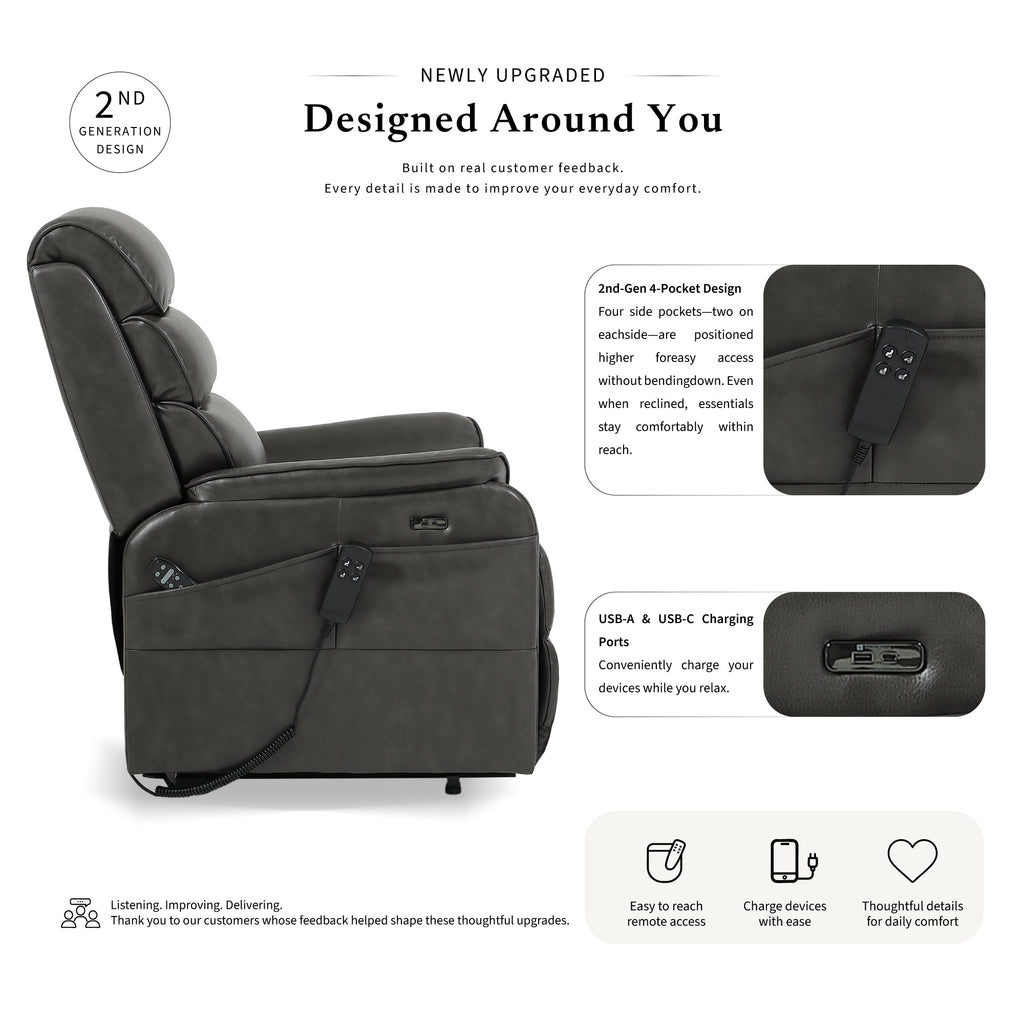 Irene House 9188E wide gray breathable leather power lift recliner, 2nd generation upgrade with four higher side pockets and USB-A and USB-C charging ports