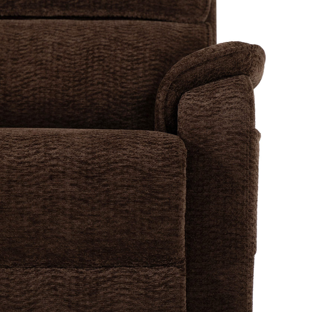 Close-up of the dark brown chenille upholstery and arm stitching on the Irene House 9188E Pro