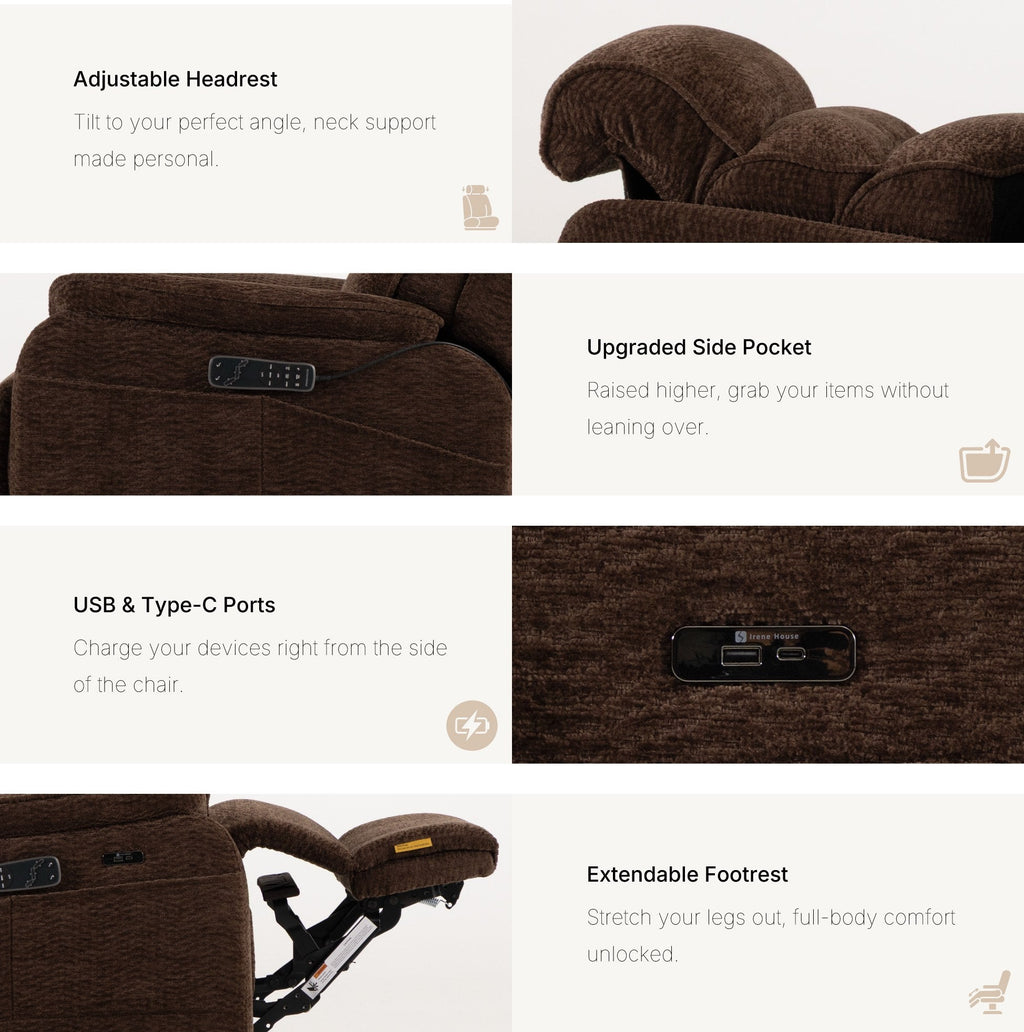 Irene House 9188E Pro features in dark brown chenille — adjustable headrest, raised side pocket, USB-A and USB-C ports, extendable footrest