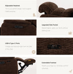 Irene House 9188E Pro features in dark brown chenille — adjustable headrest, raised side pocket, USB-A and USB-C ports, extendable footrest