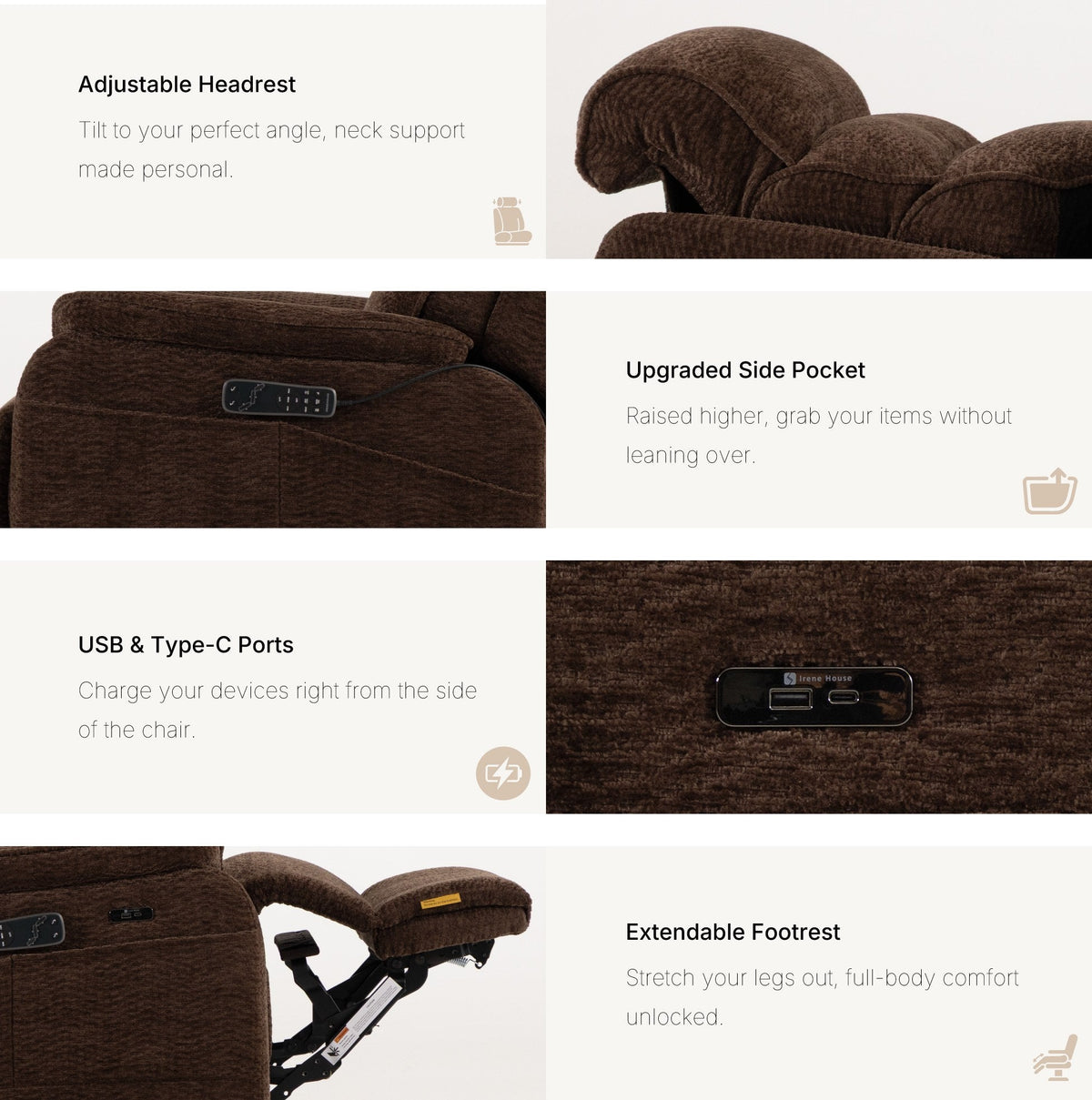 Irene House 9188E Pro features in dark brown chenille — adjustable headrest, raised side pocket, USB-A and USB-C ports, extendable footrest